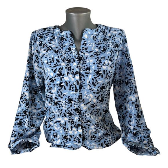 Coral Bay Tops - Coral Bay Women's Blue Floral Print Blouse Top Roll Tab Sleeves Size Small